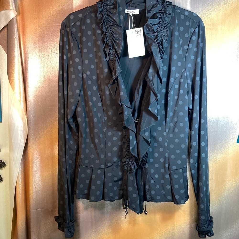 Lan Vie Size L Black Stretchy Lightweight Jacket. Black Polka Dot Goth. 123